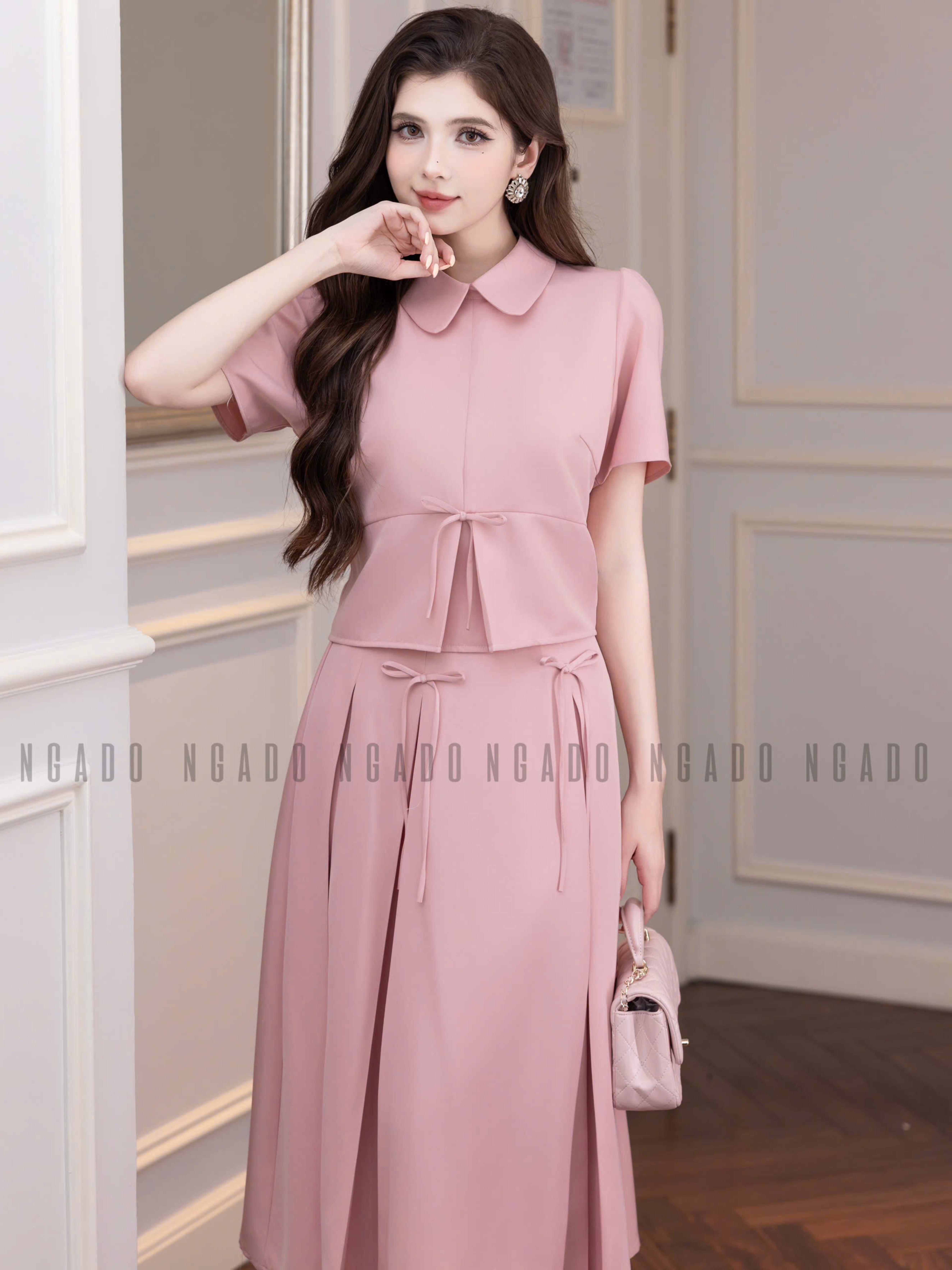 Set áo váy hồng cổ sen NGADO , set áo váy dài, set công sở, dự tiệc