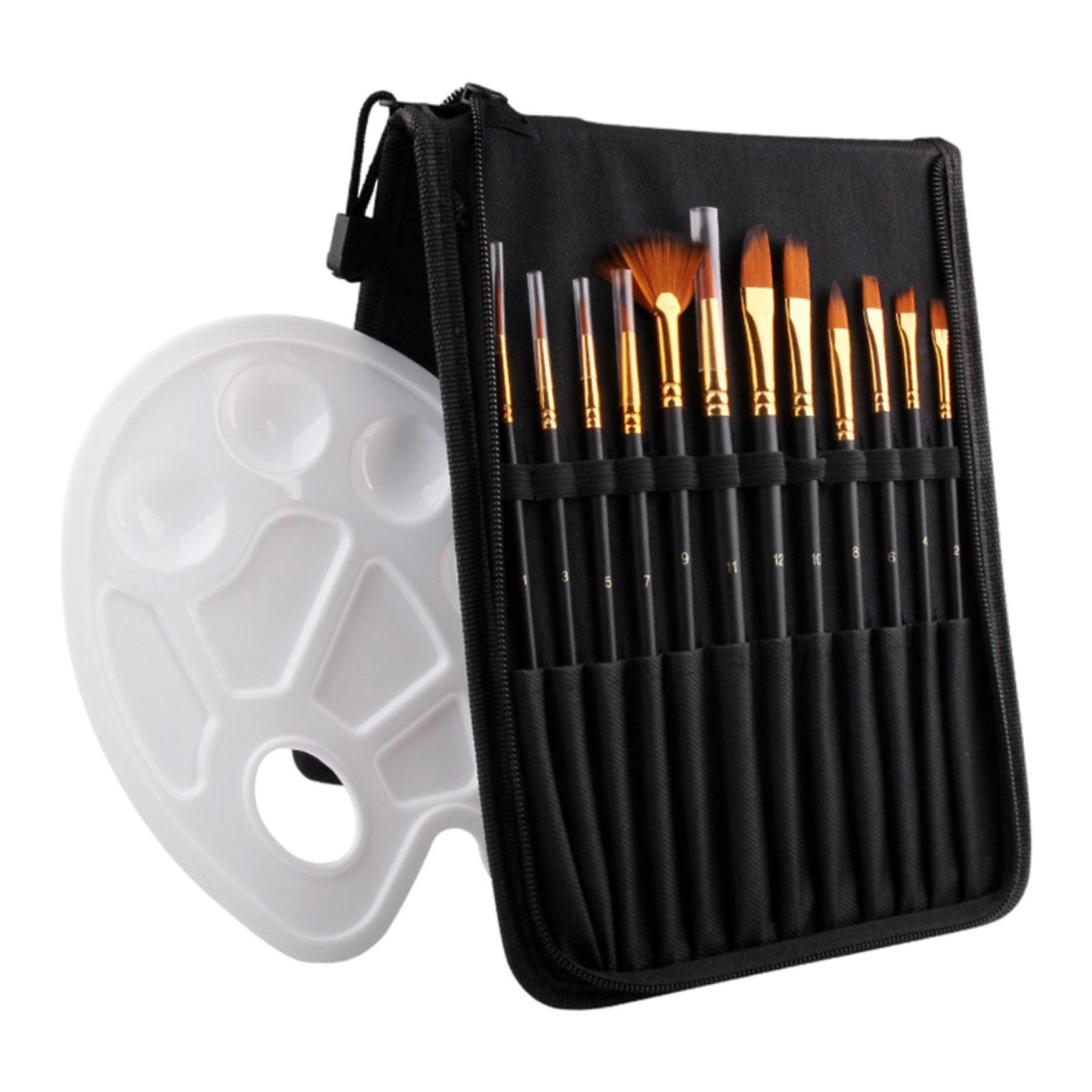 14 Pack Paint Brush Set with 12 Brushes, 1 Palette and 1 Carrying Case for Watercolor, Oil, Acrylic Painting