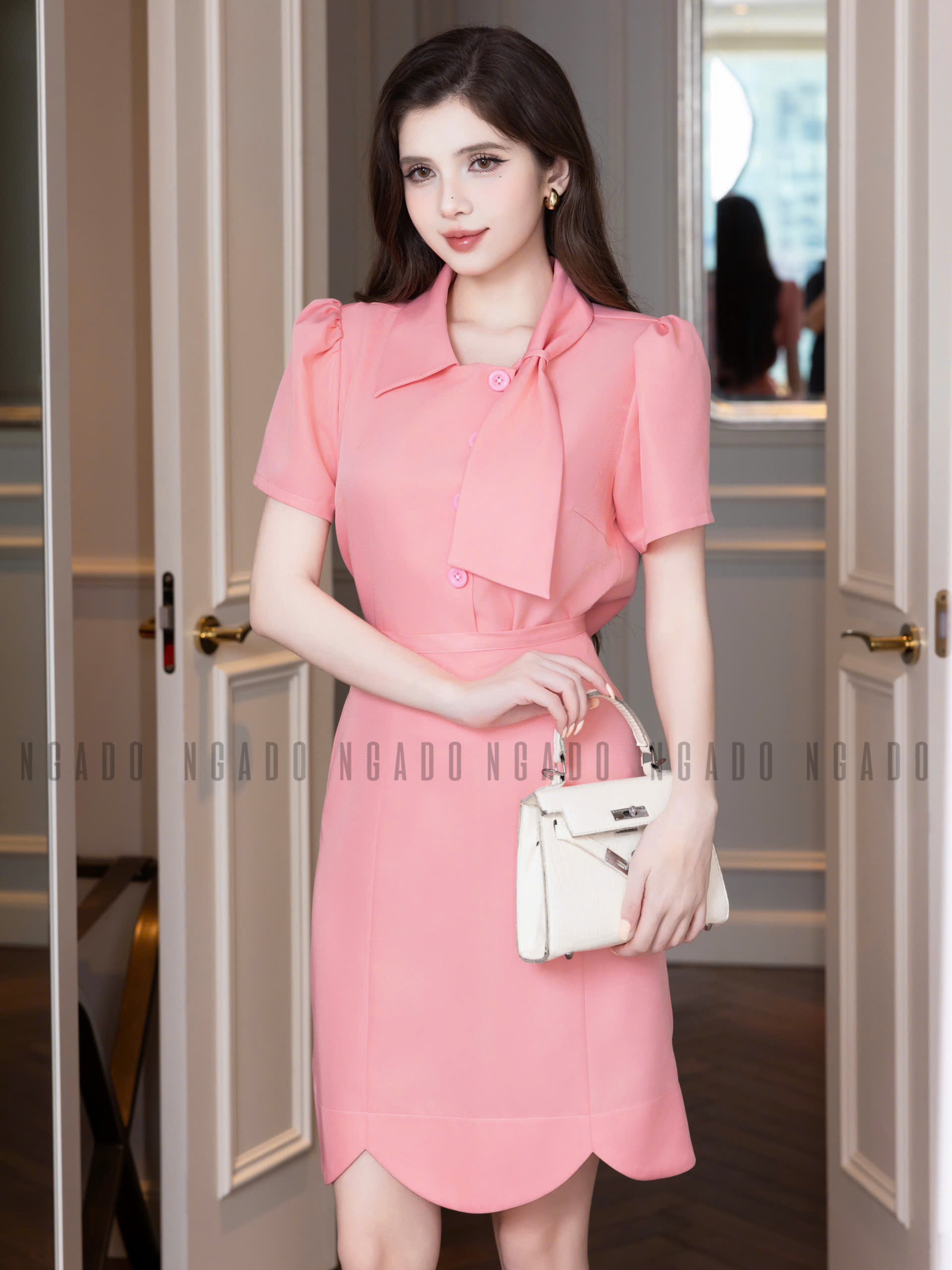 Set áo váy hồng tay phồng NGADO , set áo váy ngắn, set áo kiểu Nữ