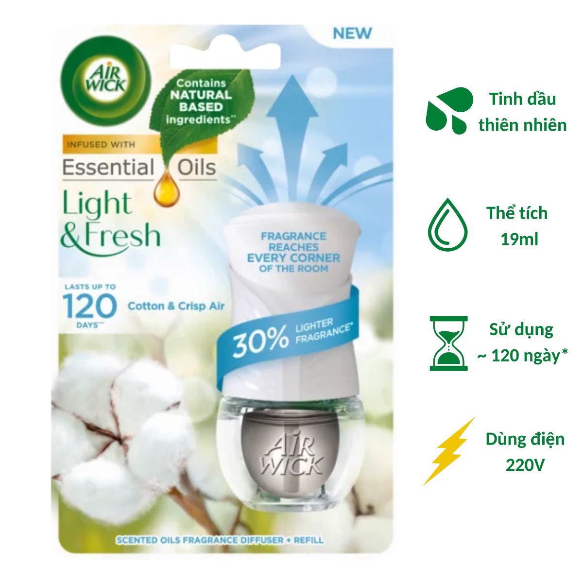 Bộ Tinh Dầu Cắm Điện Air Wick AWK3189 Cotton & Crisp Air 19ml , sử dụng điện 220V