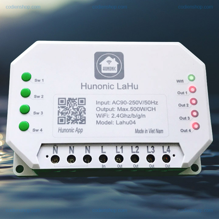 Công tắc điều khiển từ xa bằng điện thoại Hunonic Lahu 4 kênh 500W/kênh + Hẹn giờ thông minh | Công nghệ 4.0