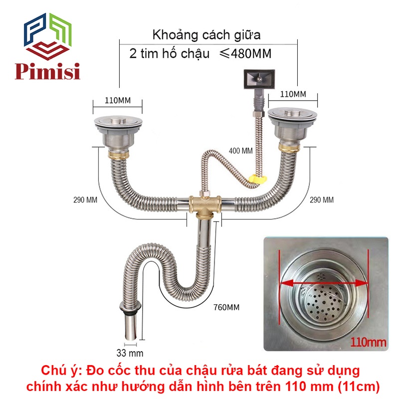 Xi Phông Chậu Rửa Bát 2 Hố Pimisi PXP-31-2 Inox Cao Cấp Kiểu Chun Uốn - Kim Loại Bẻ Cong Được, Thoát Nước Nhanh, Dùng Để Xả Thải Nước Bồn Rửa Chén 2 Hộc Thu 110 Inox 304, Chống Mùi Hôi Và Côn Trùng Gián, Chuột Cắn Phá - Có Đầu Thoát Tràn | Hàng Chính Hãng