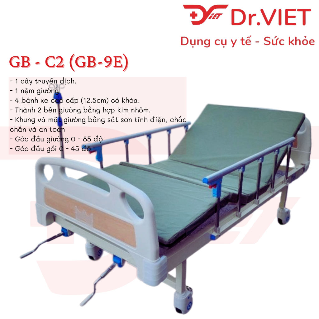 Giường bệnh 2 tay quay LUCASS GB-C2 (GB9E) - Chính hãng, thương hiệu Mỹ - Thiết kế chắc chắn, an toàn khi sử dụng