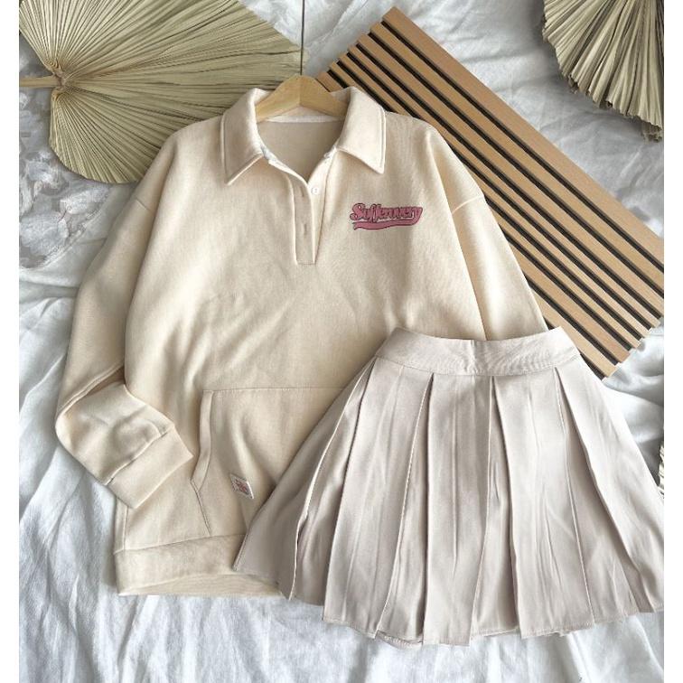 SET ÁO SWEATER CỔ POLO CHÂN VÁY XẾP LY