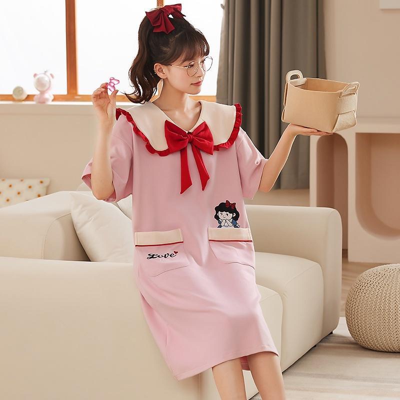 Đầm Ngủ cotton Mỏng Dáng Rộng Cổ Tròn Thắt Nơ Thời Trang Mùa Hè Cho Nữ