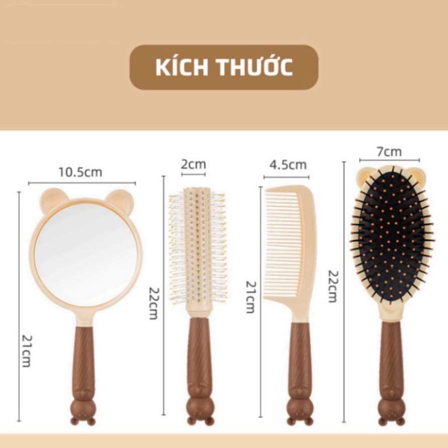 Set Lược Gương 4 Món Cực Xinh Lược Gỡ Rối Chải Tóc Uốn Tạo Kiểu
