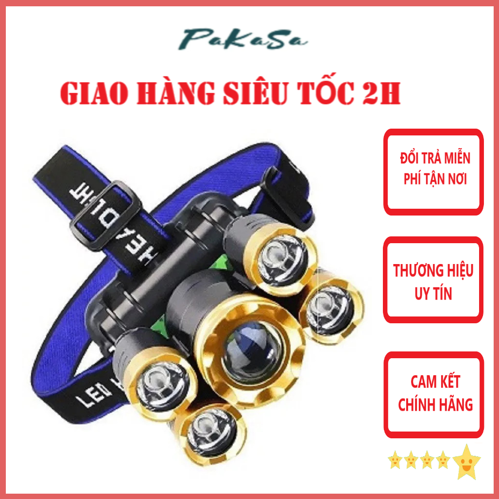 Đèn Pin Đội Đầu 5 Bóng 4 Chế Độ Sáng Sạc USB - Hàng Chính Hãng