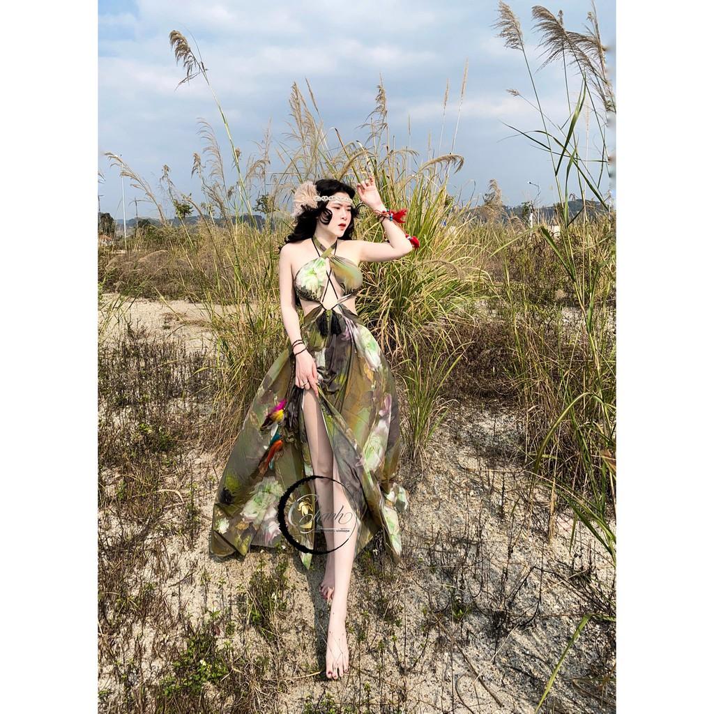 Đầm maxi hoa dây buộc,xẻ đùi sexy