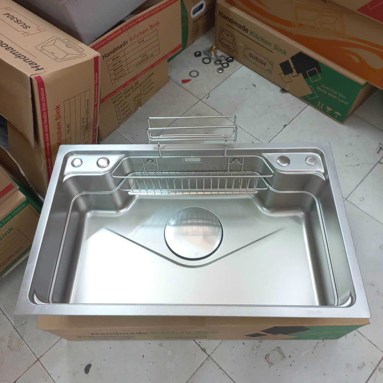 Chậu rửa bát 1 hố inox304 có giá cài thớt, vân linen chống xước 78x48cm thành dày 4li, khay inox, thớt inox, thoát nhanh ngăn mùi-Hàng chính hãng