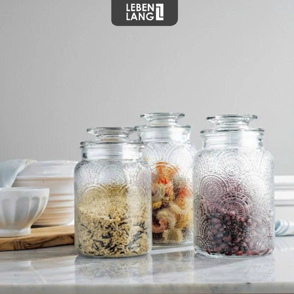 Bộ 3 Hũ Thủy Tinh Đựng Thực Phẩm Lê Bên Làng LBL1210, Nắp Kín, Hoa Văn, Dung Tích 1L, 1.3L, 1.5L