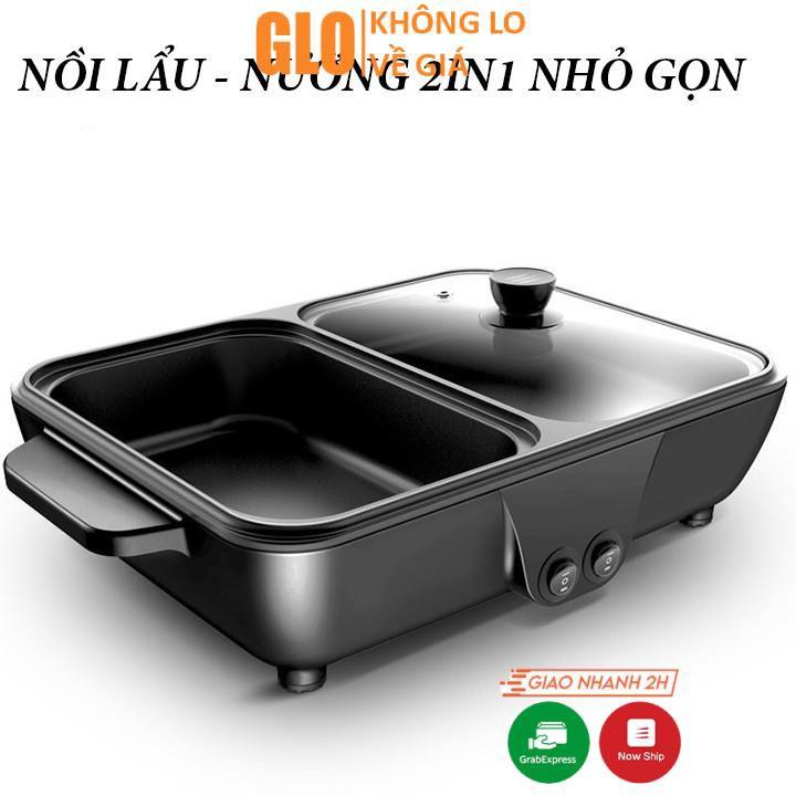 Bếp Điện Mini 2 Ngăn,Nồi Lẩu Nướng Đế Chống Dính | Công Dụng 5 Trong 1