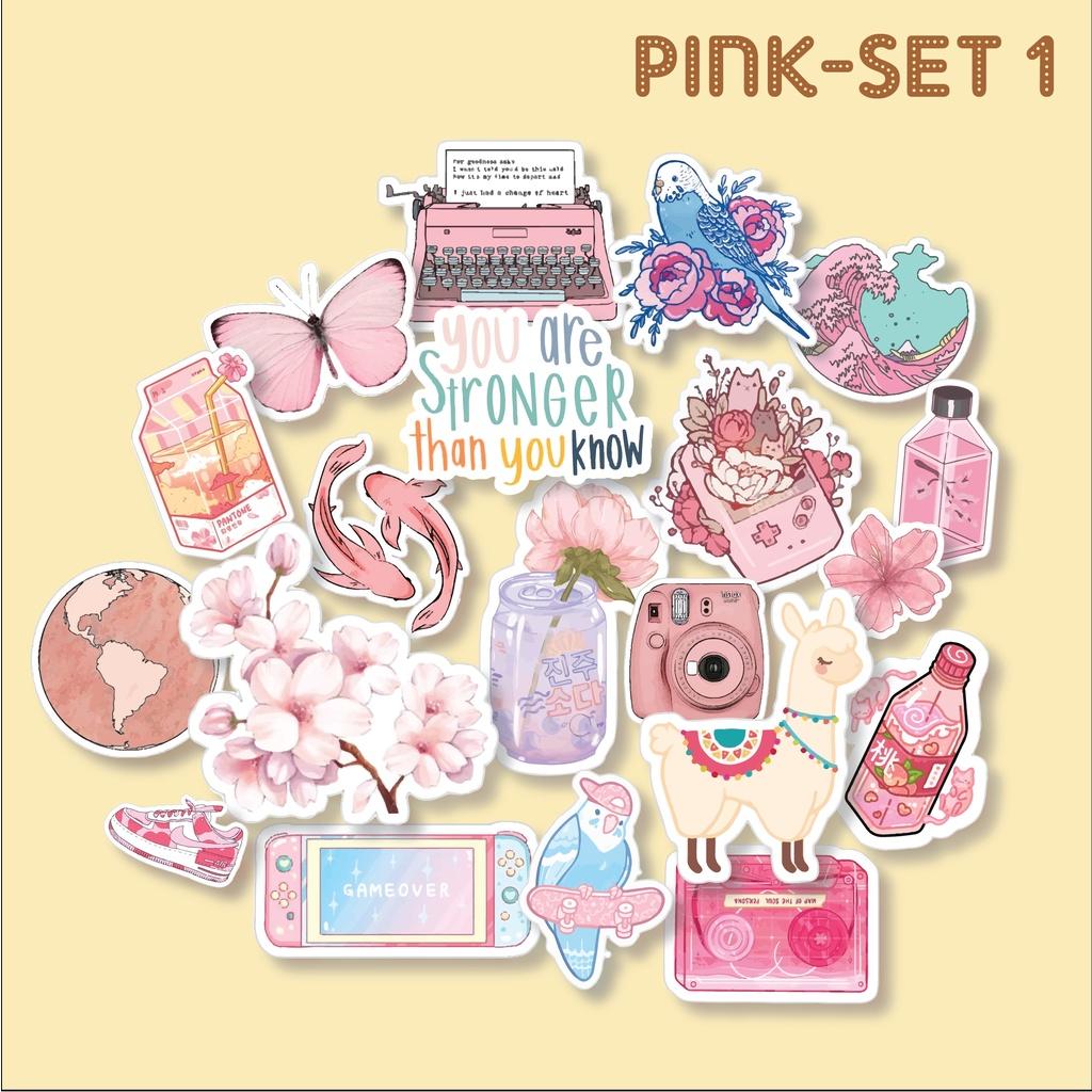 Bộ 20 sticker Pink tone nhãn dán màu hồng pastel trang trí mũ bảo hiểm, đàn, guitar, ukulele, điện thoại laptop