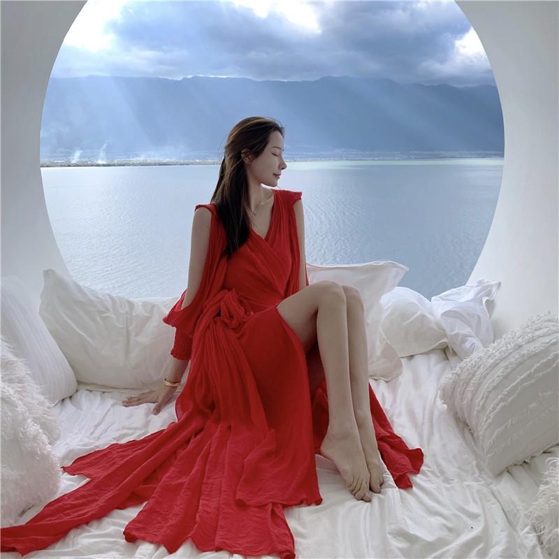 ĐẦM MAXI VÁY MAXI VOAN ĐỎ TAY DÀI TAY KHOÉT HÀNG QUẢNG CHÂU