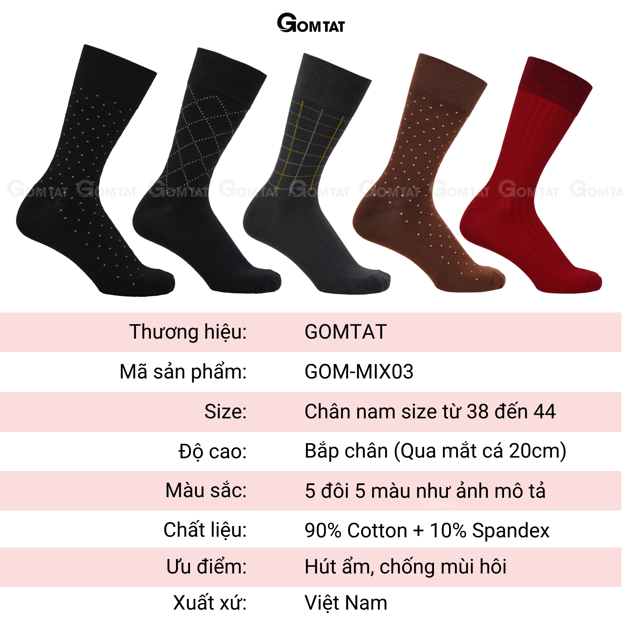 Hộp 5 đôi tất vớ nam đi giày tây công sở cổ cao GOMTAT mẫu MIX03, chất liệu cotton cao cấp thoáng khí - GOM-MIX03-CB5