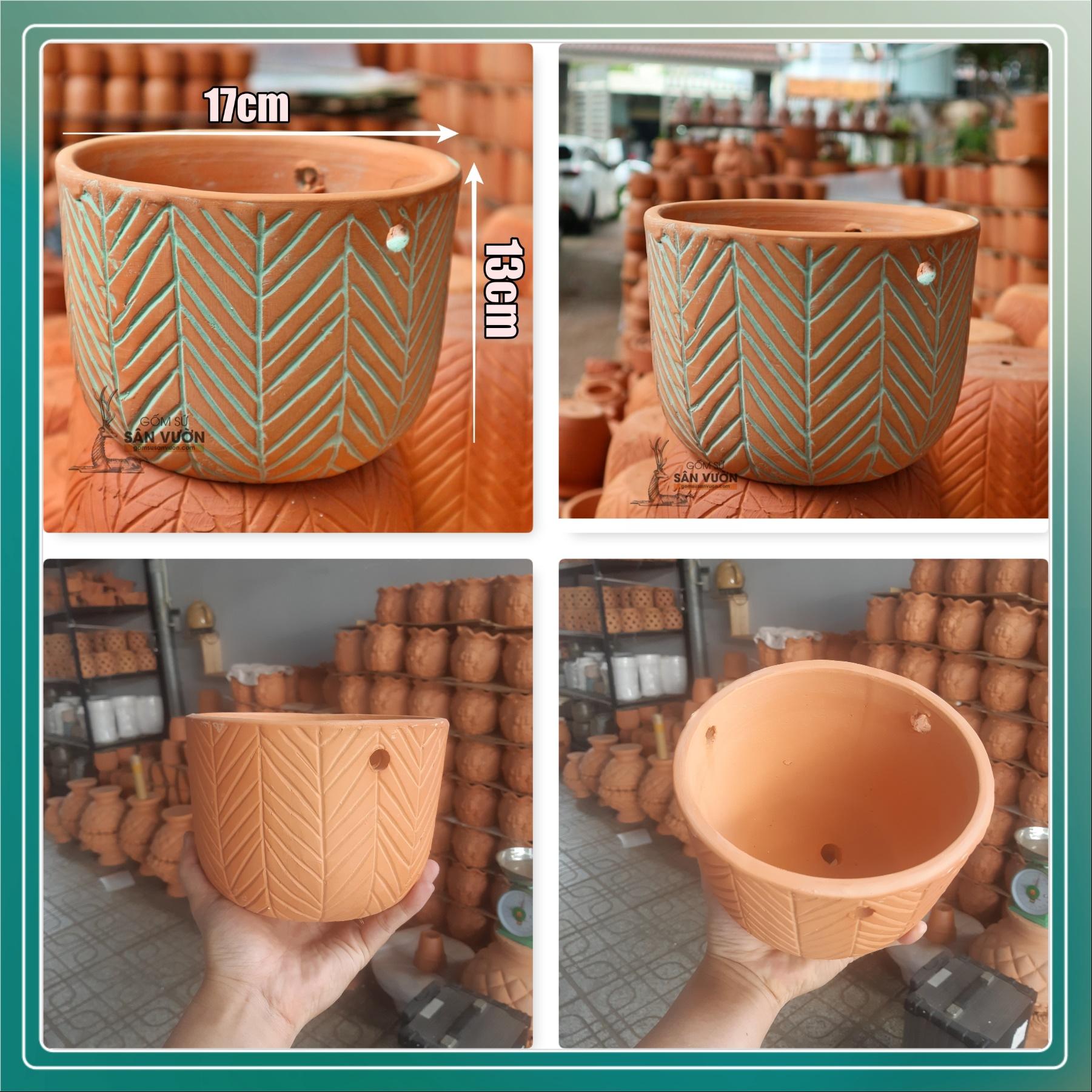 Chậu treo trồng cây gốm đất nung HOA VĂN XƯƠNG CÁ D17xH11cm - gốm sứ Bình Dương chất lượng cao