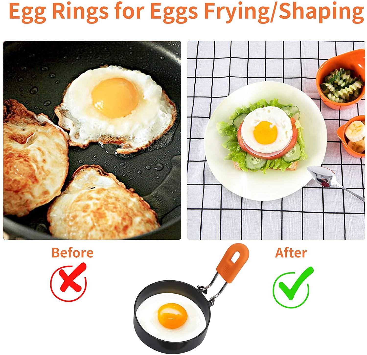4 miếng khung trứng hình vòng trứng, vòng trứng bằng thép không gỉ, vòng trứng tròn vòng trứng không dính, gấp tay cầm hình trứng ốp la để nấu món bánh pancakes trứng rán, cho chảo rán, 4pcs