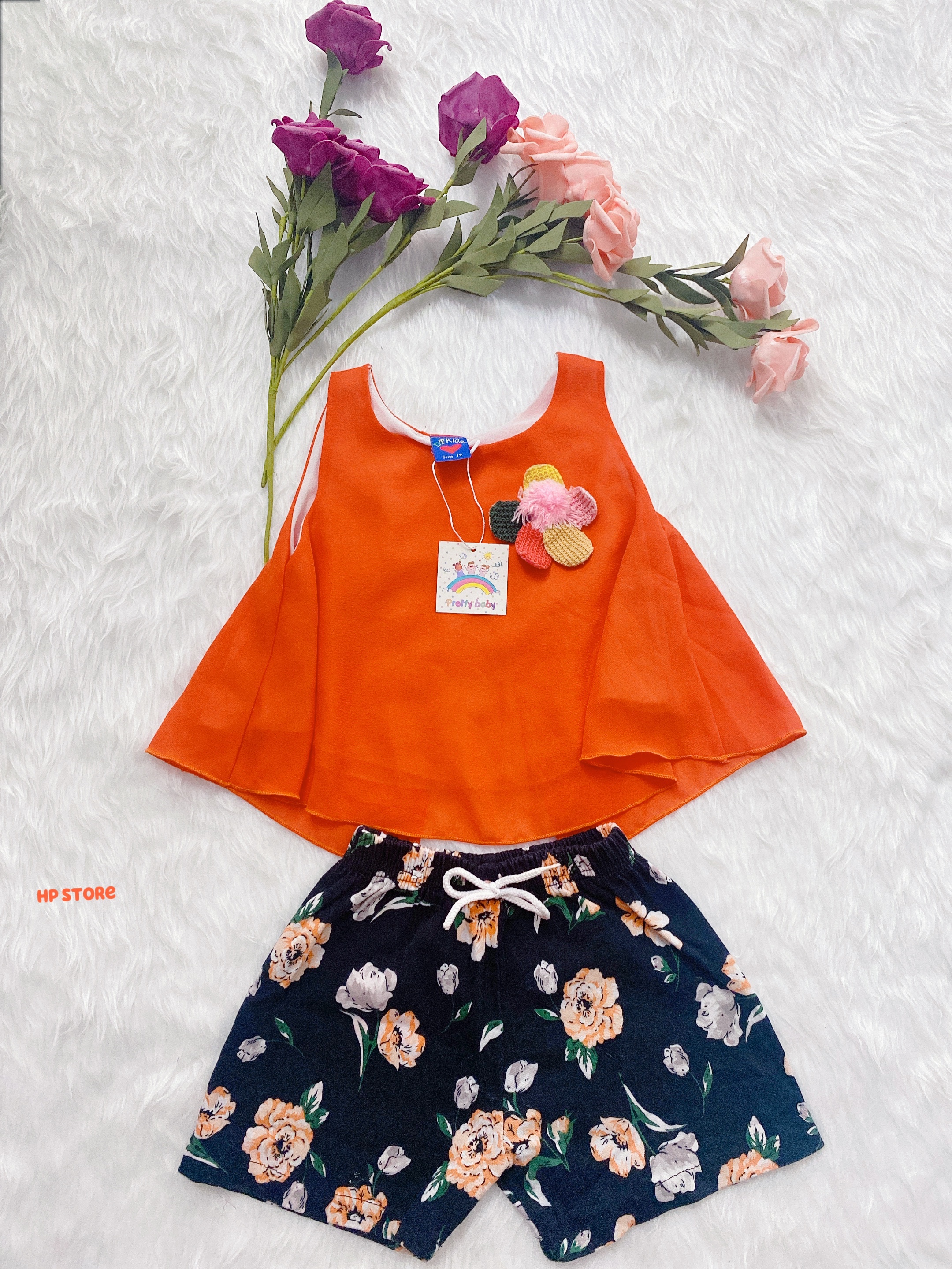 Bộ Áo Quần Ngố Hoa Cam Đính Hoa 7->15 Tháng Bé Gái Chất Voan Siêu Xinh