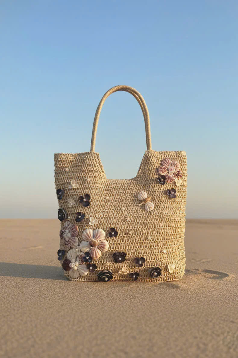 Giỏ Cói Giấy Mềm Dáng Tote Gắn Vỏ Sò, Giỏ Cói Tote Hải Đường ACC142