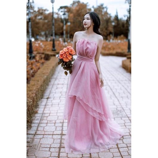Đầm váy nữ maxi cúp xếp ngực có 2 màu trắng hồng