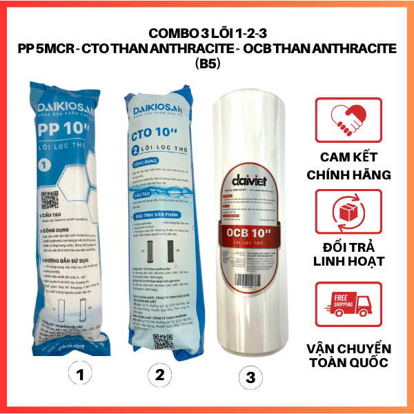 COMBO LÕI LỌC NƯỚC SỐ 1-2-3 (PP 10&quot; 5MICRO - CTO - OCB) - HÀNG CHÍNH HÃNG
