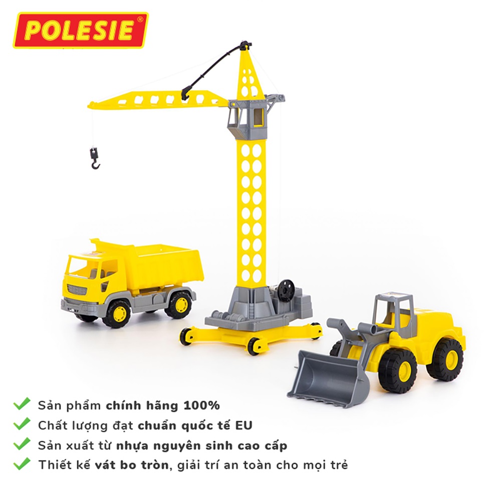 Bộ 3 Xe Công Trình Xây Dựng Và Cần Cẩu Tháp, Đồ Chơi Giáo Dục Châu Âu, An Toàn Cho Bé - Polesie Toys 57150