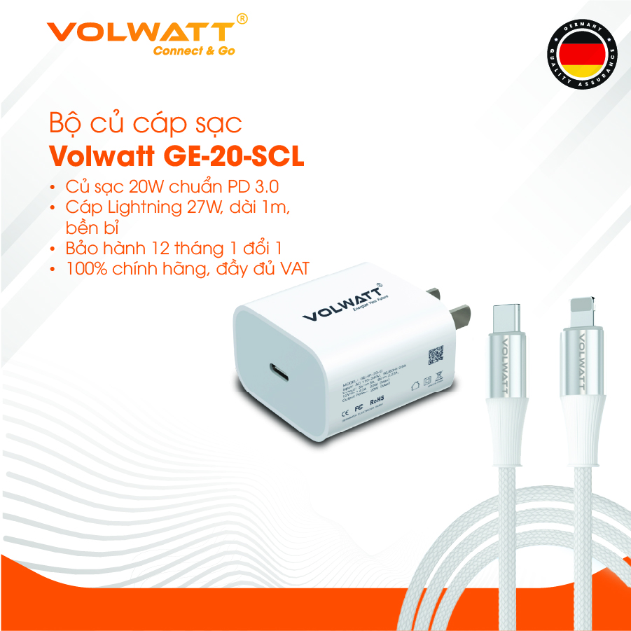 Bộ củ cáp sạc nhanh Volwatt GE-20-SCL 20W hàng chính hãng | Adapter PD Type-C + Cáp Type-C to L 27W, dài 1m – Sạc nhanh cho iPhone/iPad