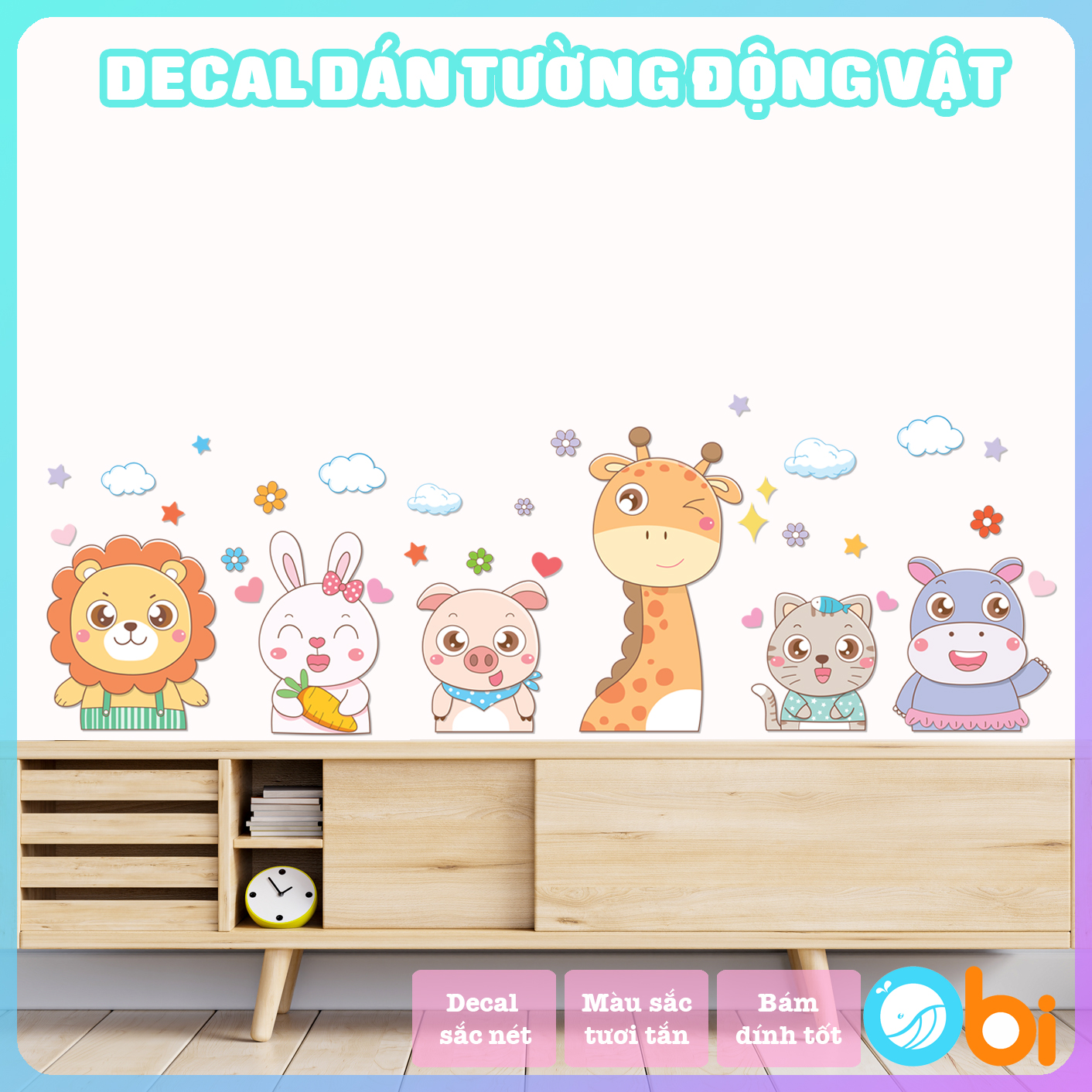 Decal dán tường cho bé - Decal động vật vui vẻ Obi shop