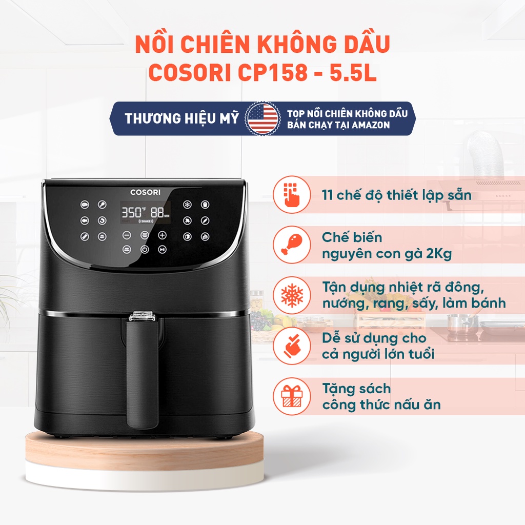 Nồi chiên không dầu điện tử Cosori CP158- AF (5,5 Lít) màu đen - Hàng chính hãng