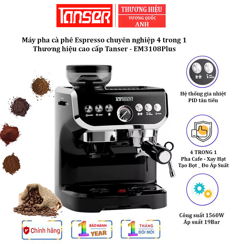 Máy pha cà phê Espresso chuyên nghiệp 4 trong 1. Thương hiệu Anh Quốc cao cấp Tanser - EM3108Plus (Bảo Hành 1 NĂM)