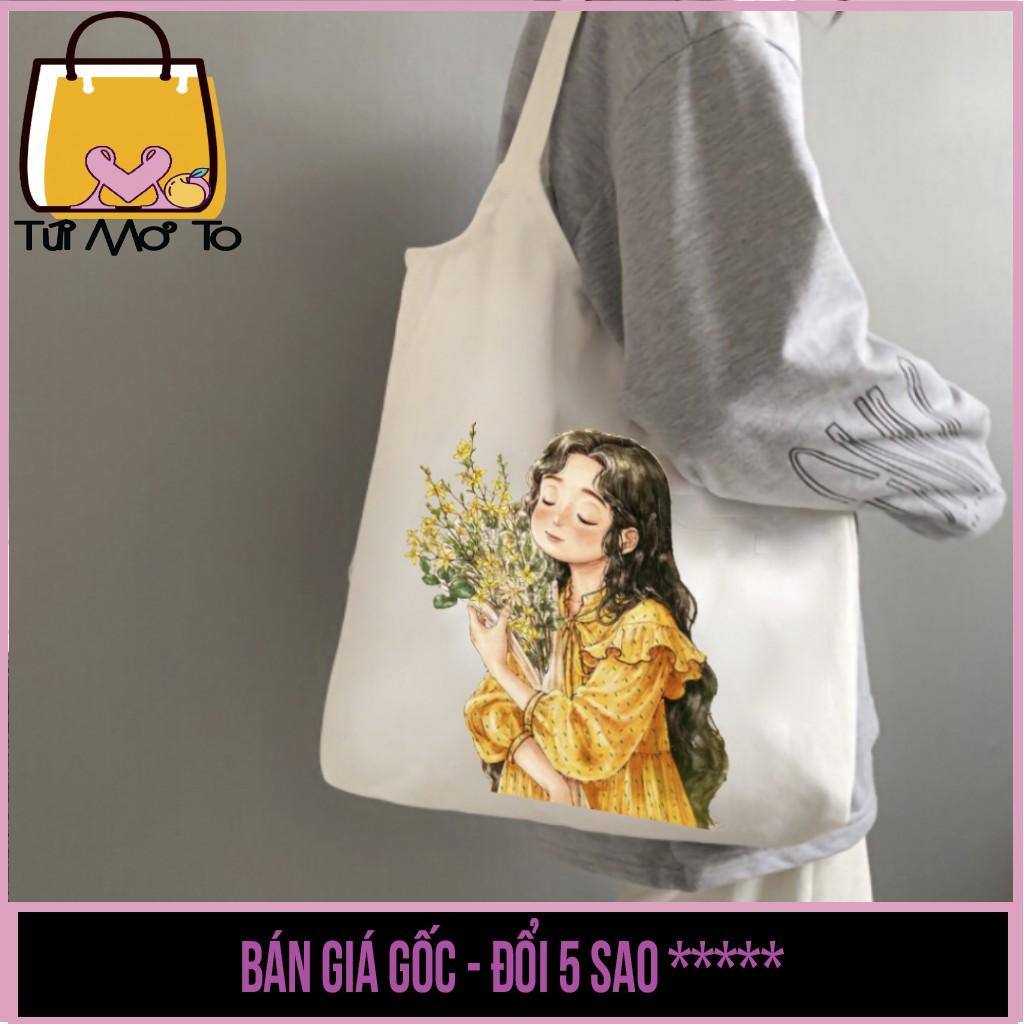 Túi Tote canvas quai tròn có khóa kéo in hình cô gái ôm hoa - Túi Mơ To store