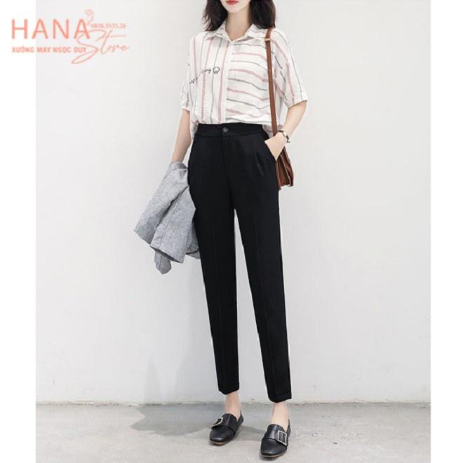 Quần baggy vải công sở cạp cao màu đen cho nữ, quầnbaggy tây nữ lưng cao 1 nút HN01
