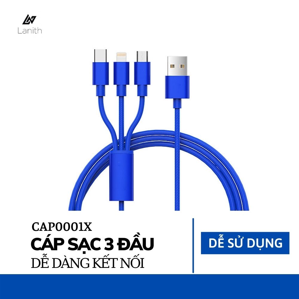 Dây sạc 3 đầu 3 in 1 siêu bền, nhiều cổng sạc: USB micro, type C, lightning cho điện thoại Iphone, Samsung – Dây cáp sạc điện thoại đa năng - CAP0001