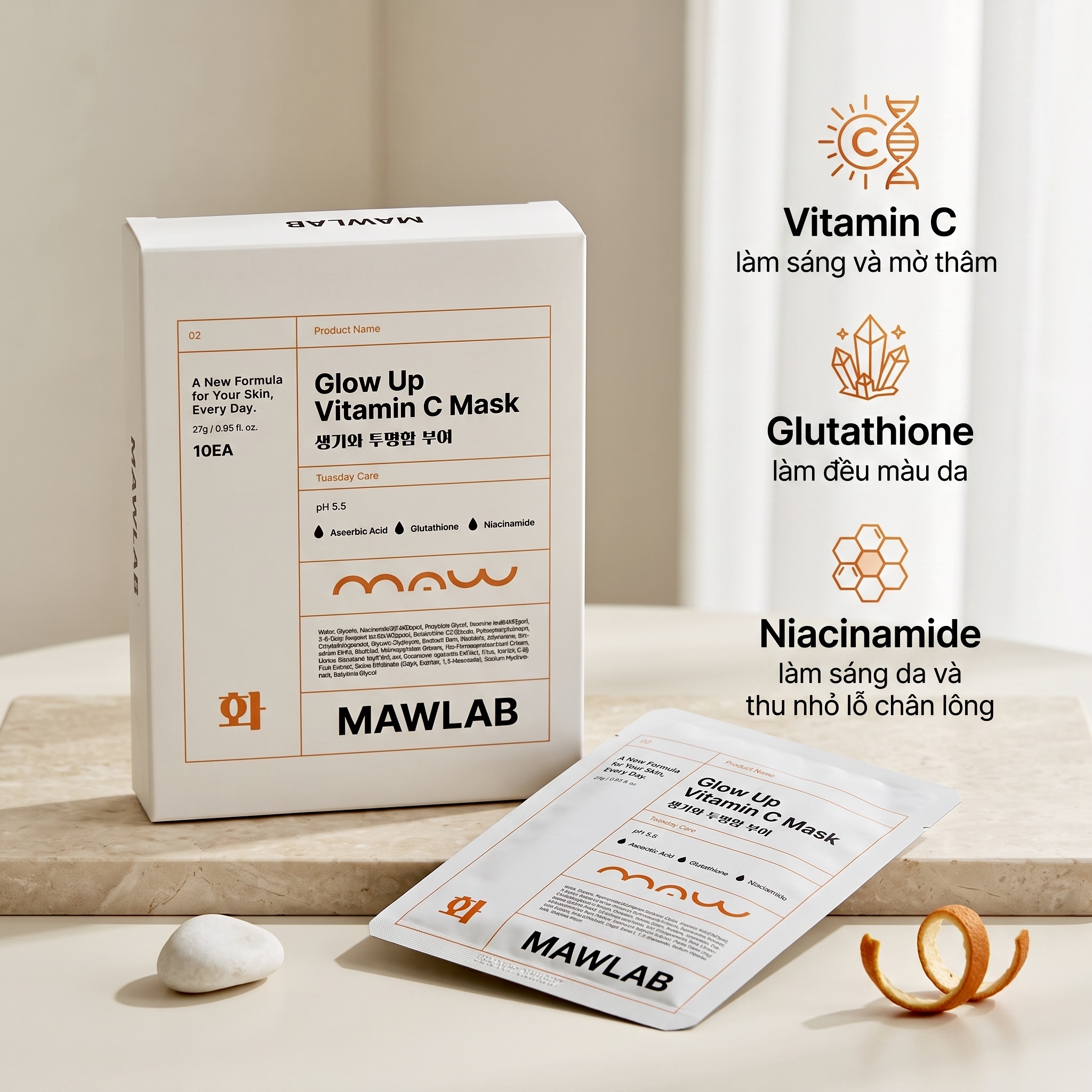 Mặt Nạ Dưỡng Da Tươi Sáng MAWLAB GLOW UP VITAMIN C MASK - Hộp 10 Miếng
