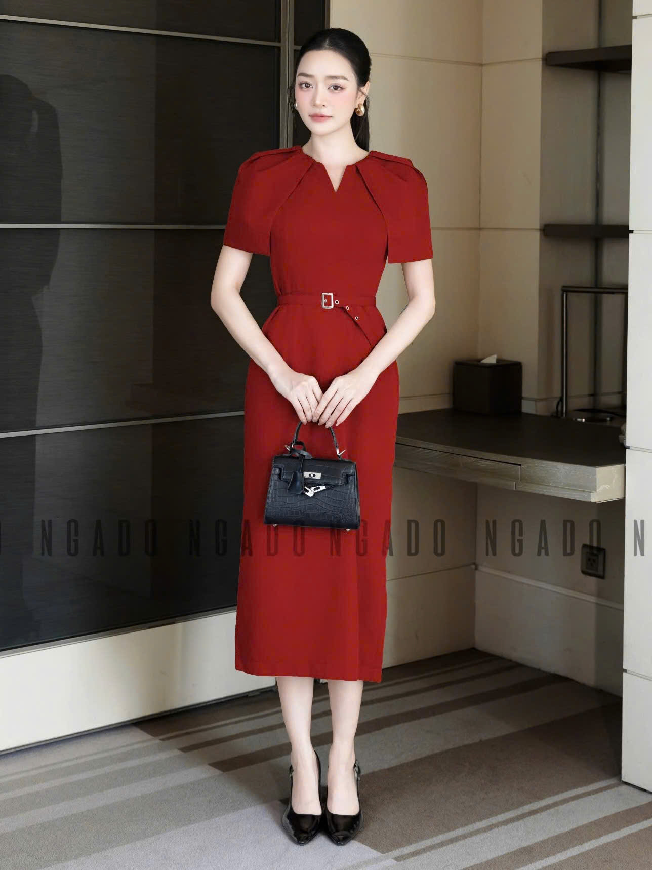 Đầm đỏ tay choàng NGADO , đầm kiểu Nữ , đầm dự tiệc , công sở