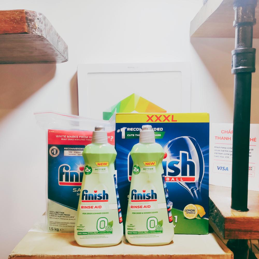 Combo 4 món Hộp 90 viên Finish GIGA All in 1 + Muối Finish 1,5kg + 2 Nước làm bóng Finish 400ml dành cho máy rửa chén EU