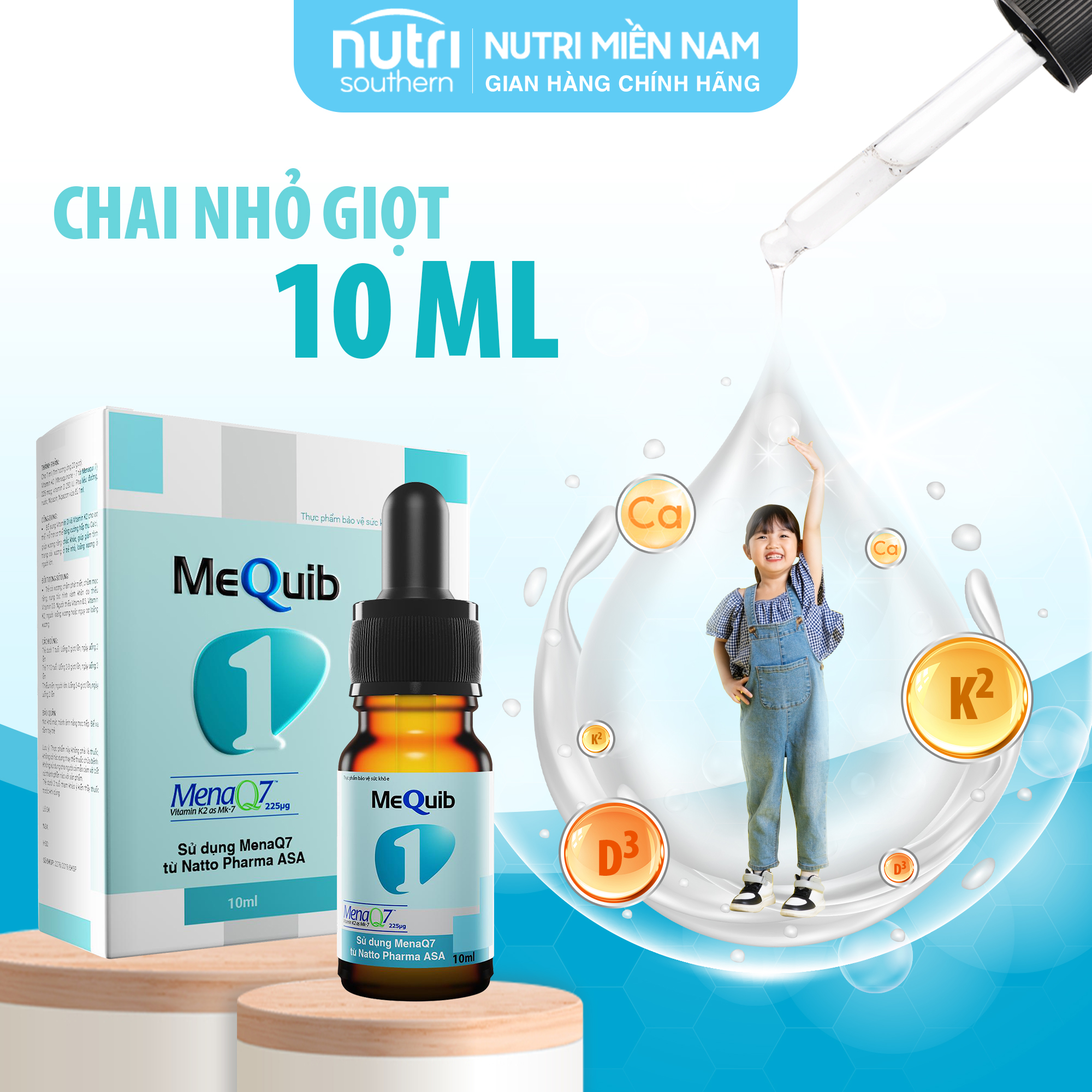 Vitamin D3 K2 MK7 MenaQ7 MEQUIB 1 - Giúp tăng cường hấp thu canxi và phát triển chiều cao (chai 10ml)