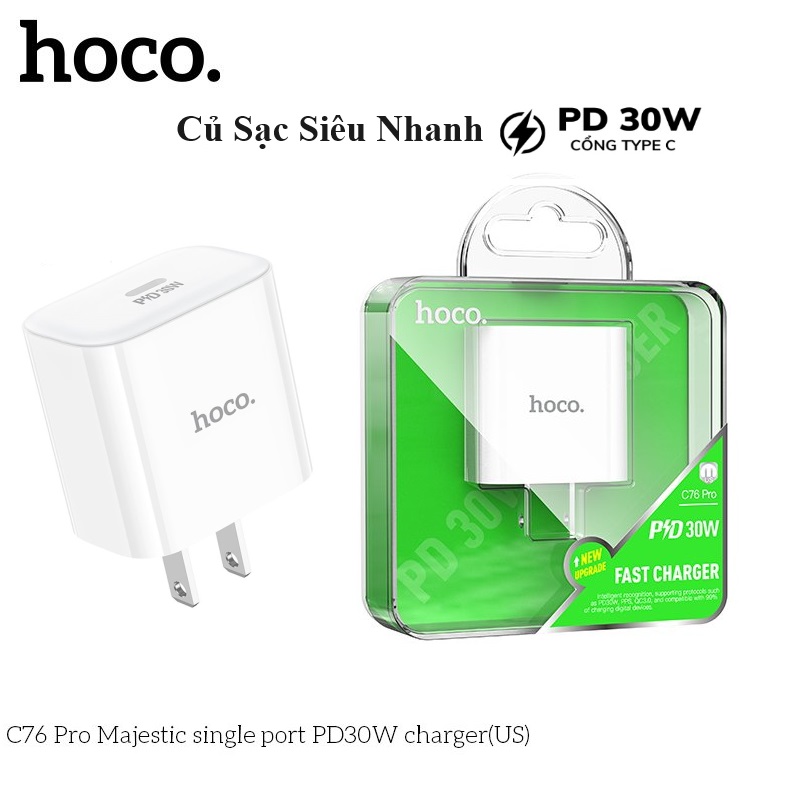 Củ Sạc Nhanh PD 30W Cho Iphone và Android Hoco. C76 Pro cao cấp cổng sạc Type C hỗ trợ sạc nhanh dòng điện ổn định an toàn bảo vệ máy - Hàng Chính Hãng