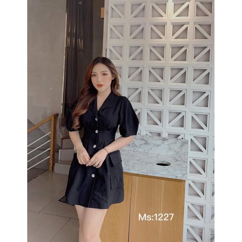 Đầm xòe cổ lật cài nút chít eo tay phồng HÀNG THIẾT KẾ