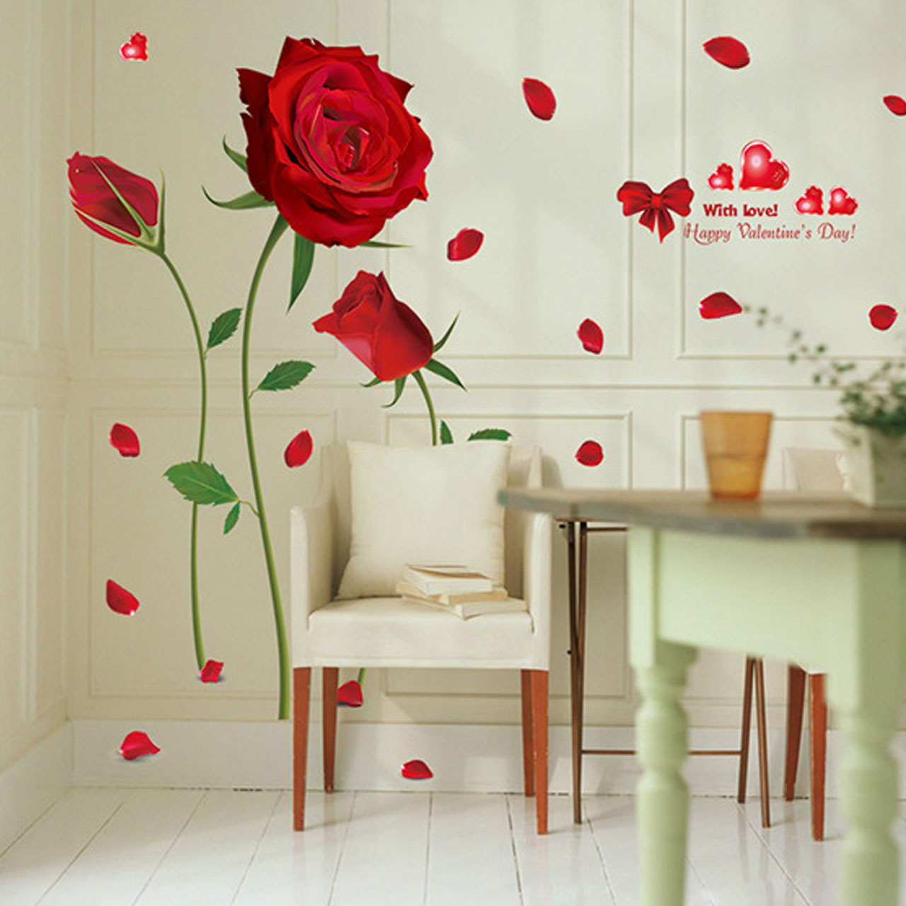 Decal dán tường trang trí phòng khách, phòng cưới-Hoa hồng đỏ 3 bông-mã sp XL8178