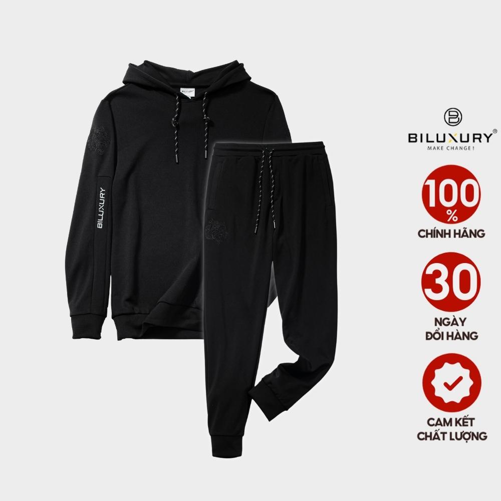 Bộ nỉ hoodie nam thể thao Biluxury phối họa tiết thêu hai bên phom slim fit ôm vừa tôn dáng khỏe khoắn 6BNMT002DEN