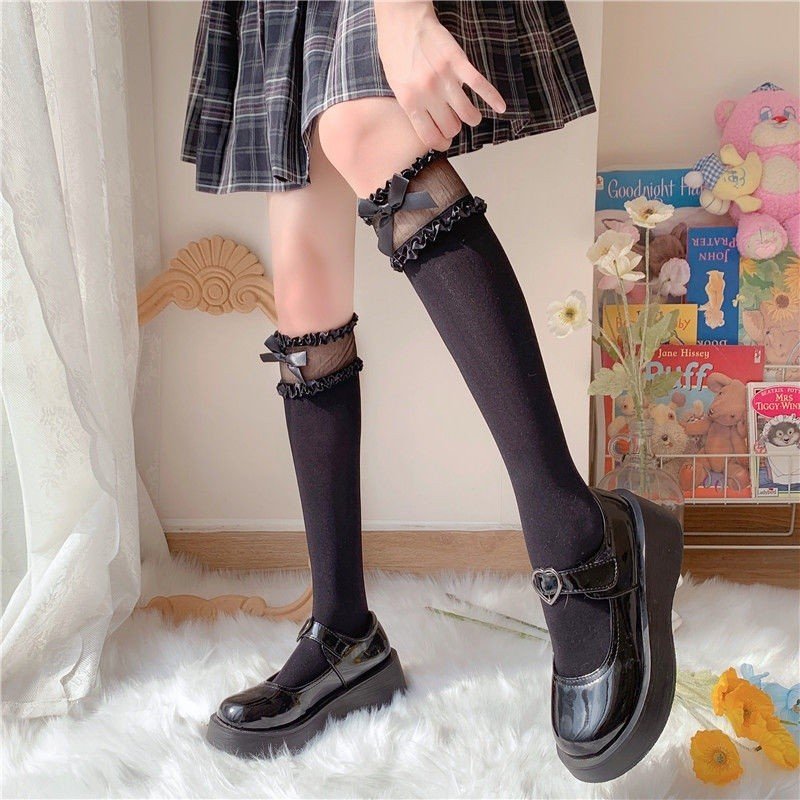 Tất, vớ bắp chân dưới đầu gối, 2 TẦNG VIỀN REN HOA SEN ĐÍNH NƠ Màu Trắng Đen Phong Cách Lolita Nhật Bản cá tính Cho Nữ