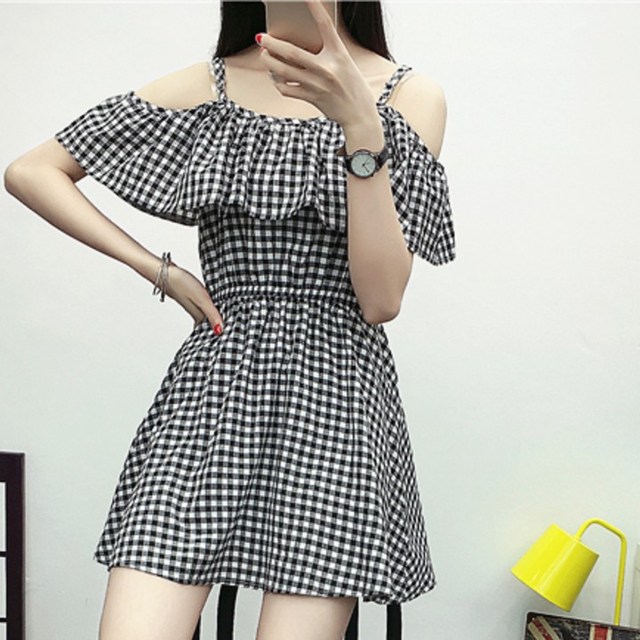 Đầm 2 dây caro cổ bèo Mã: DA4578 - ĐEN