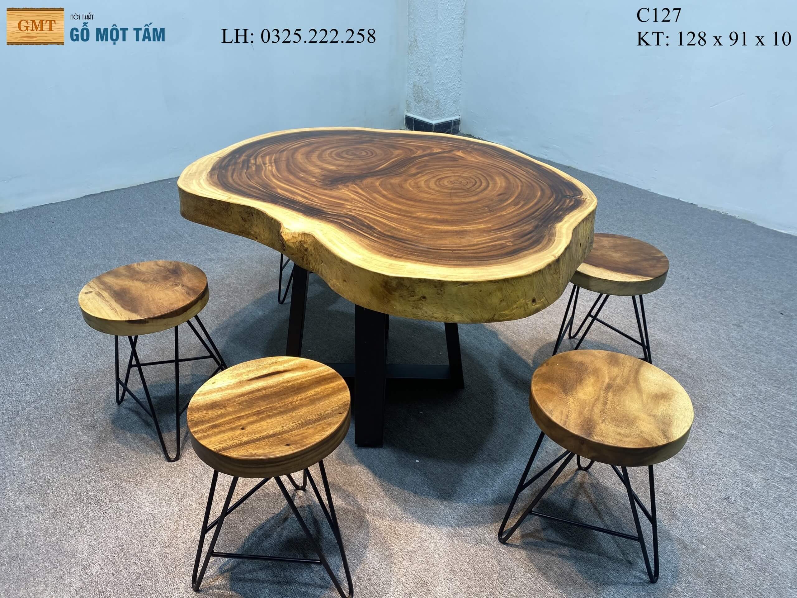 Bàn Sofa Gỗ Me Tây, Bàn Sân Vườn Gỗ Me Tây, Bàn Gỗ Me Tây Nguyên Tấm Dài 1,28m Rộng 91cm Dày 10cm