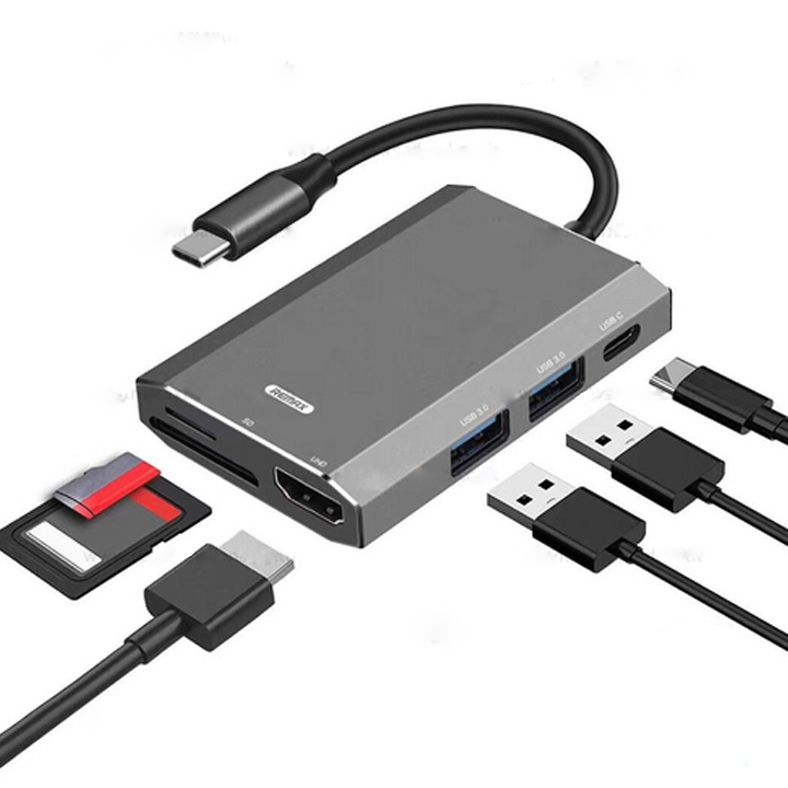 Hub chuyển đổi Remax RU-U30 6 in 1 cổng Type C ra USB 3.0 + HDMI + Đầu đọc thẻ nhớ - Hàng nhập khẩu