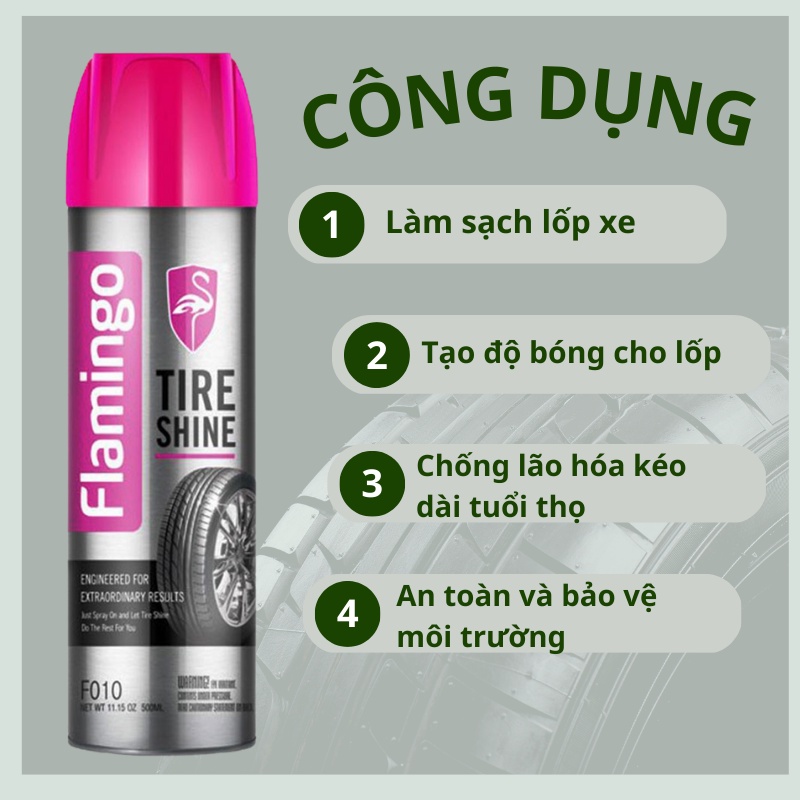 Chai xịt bóng lốp ô tô, xe hơi Flamingo F010 - 500ml - Hàng chính hãng