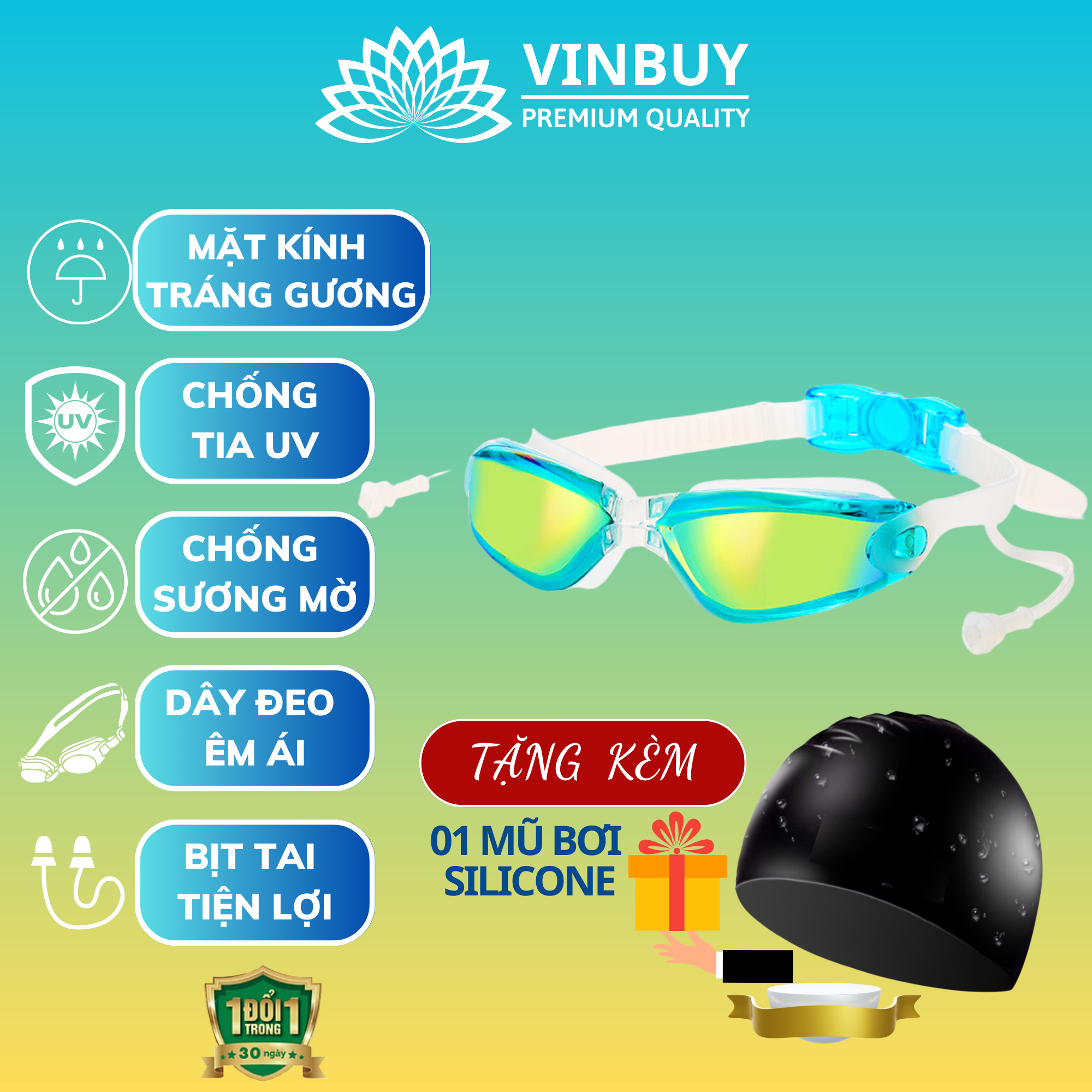 Kính Bơi Tráng Gương kèm bịt tai cao cấp VinBuy chống sương mù, chống tia UV Hàng chính hãng - Tặng kèm nón bơi Silicon (Màu ngẫu nhiên)