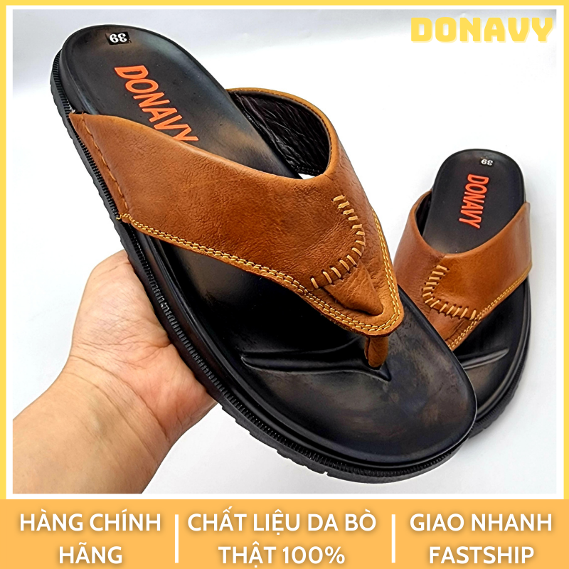 Dép kẹp nam da bò thật 100% DONAVY cao cấp kiểu may chữ L cách điệu trẻ trung phong cách DOKL