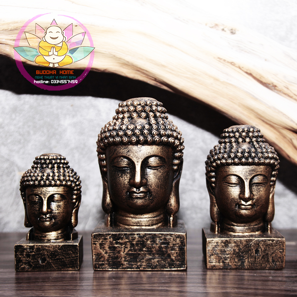 Tượng đầu Phật Thích Ca Mâu Ni trang trí màu vàng đồng size nhỏ- trung- lớn