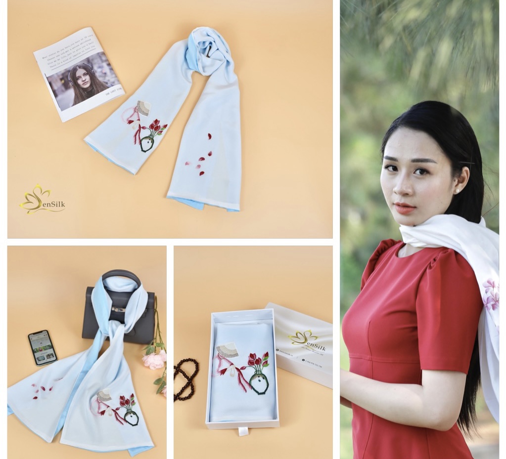 Khăn Lụa Thêu Handmade Cô Gái Nón Lá 2 Màu Sen Silk, 100% Silk Scarf Embroidery, Quà Tặng Thủ Công, Khăn Lụa Đẹp Thêu Tay