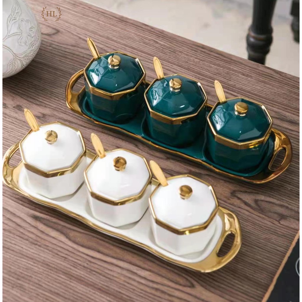 Set đựng gia vị hoàng gia chất liệu sứ tráng men viền vàng cao cấp